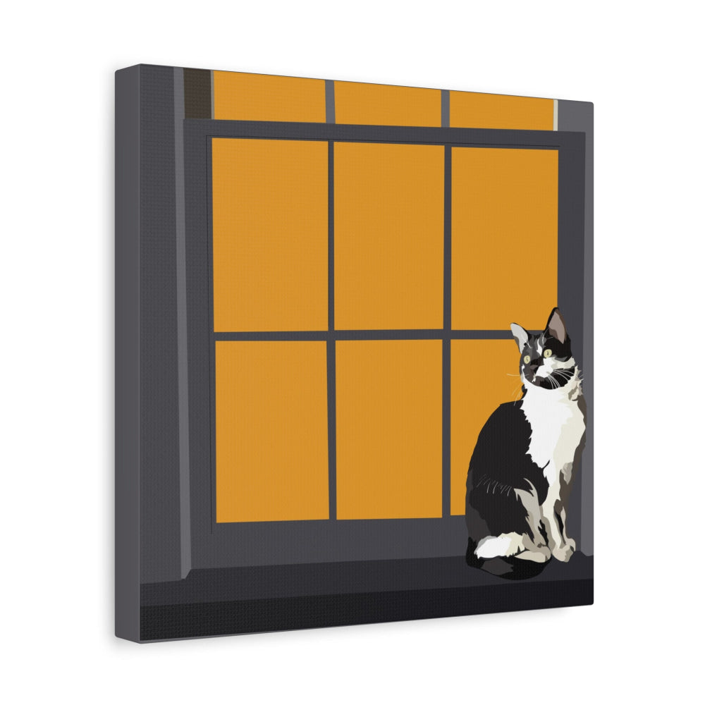 Canvas print of a cat sitting on a windowsill with orange panes and black frame.