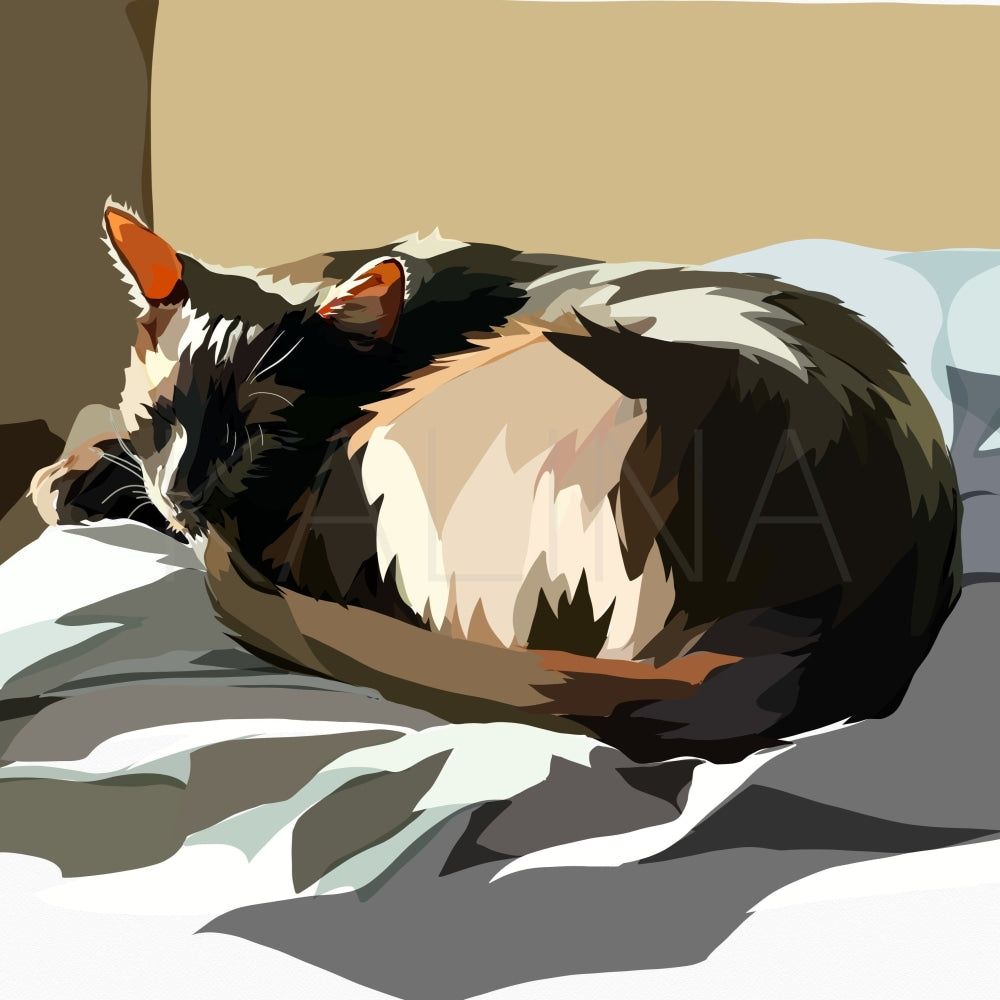 Digital painting of a sun-drenched cat curled in perfect contentment on a rumpled white bedspread. Asher naps with ears perked, warm light glowing on his cream and black fur, embodying the peaceful joy of doing absolutely nothing.