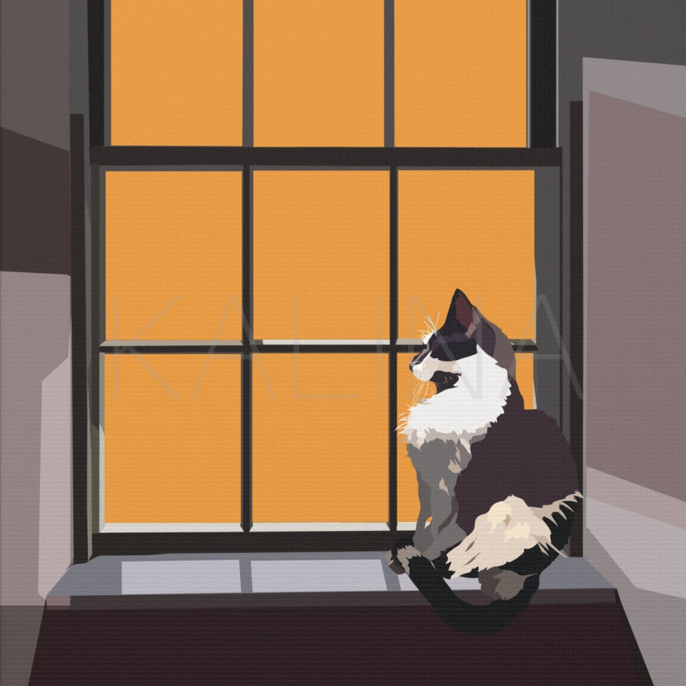 Illustration of a cat looking out a window