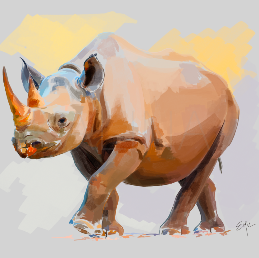 Framed sketch-style rhinoceros in vivid orange, ochre, and purple tones, standing against a soft gray background with yellow accents.
