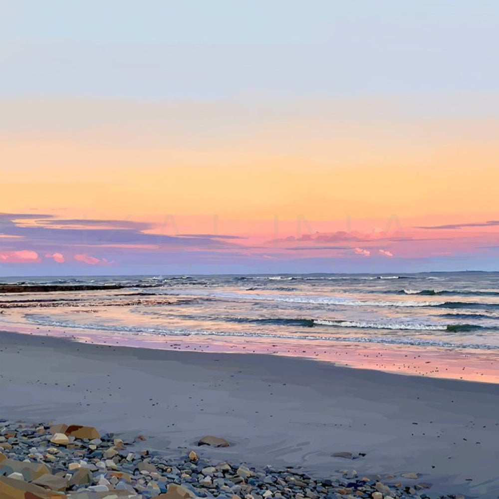 Digital painting of Rye, New Hampshire coastline at golden hour with warm pastel skies, glowing ocean, and silhouetted rocks in the foreground.