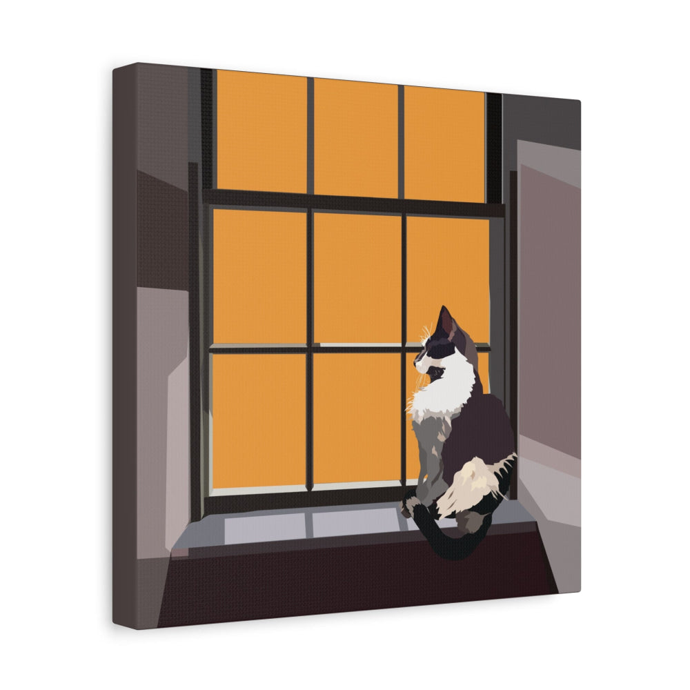 Black & White Cat Watching at the Window — Matte Canvas Wall Art