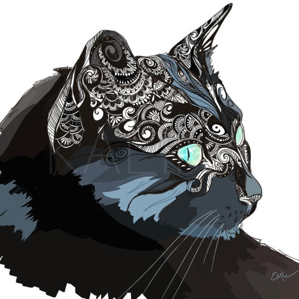 Intricate black and white illustration of a cat with ornate patterns and vivid turquoise eyes.