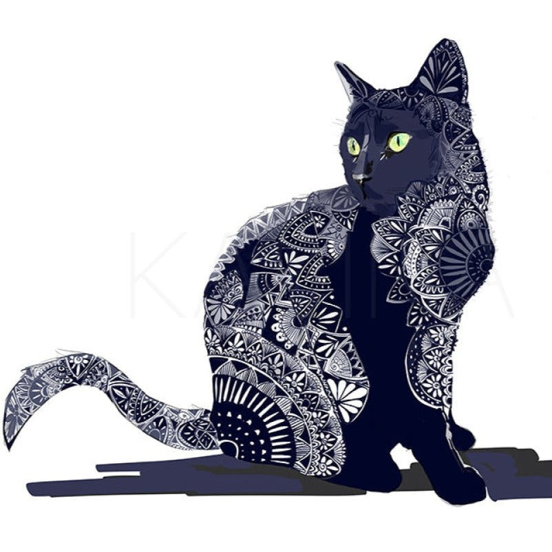 Illustration of a black cat with lime-green eyes, overlaid with intricate white zentangle patterns on its face, tail, and body.