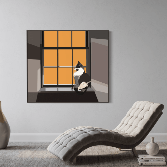 Digital illustration of a black and white cat sitting tall on a windowsill, framed by bright orange windowpanes, gazing out with regal poise.