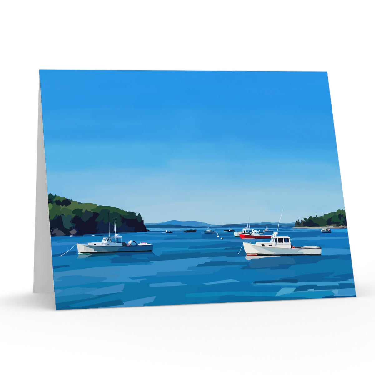 Greeting card with a scenic view of boats on a body of water.