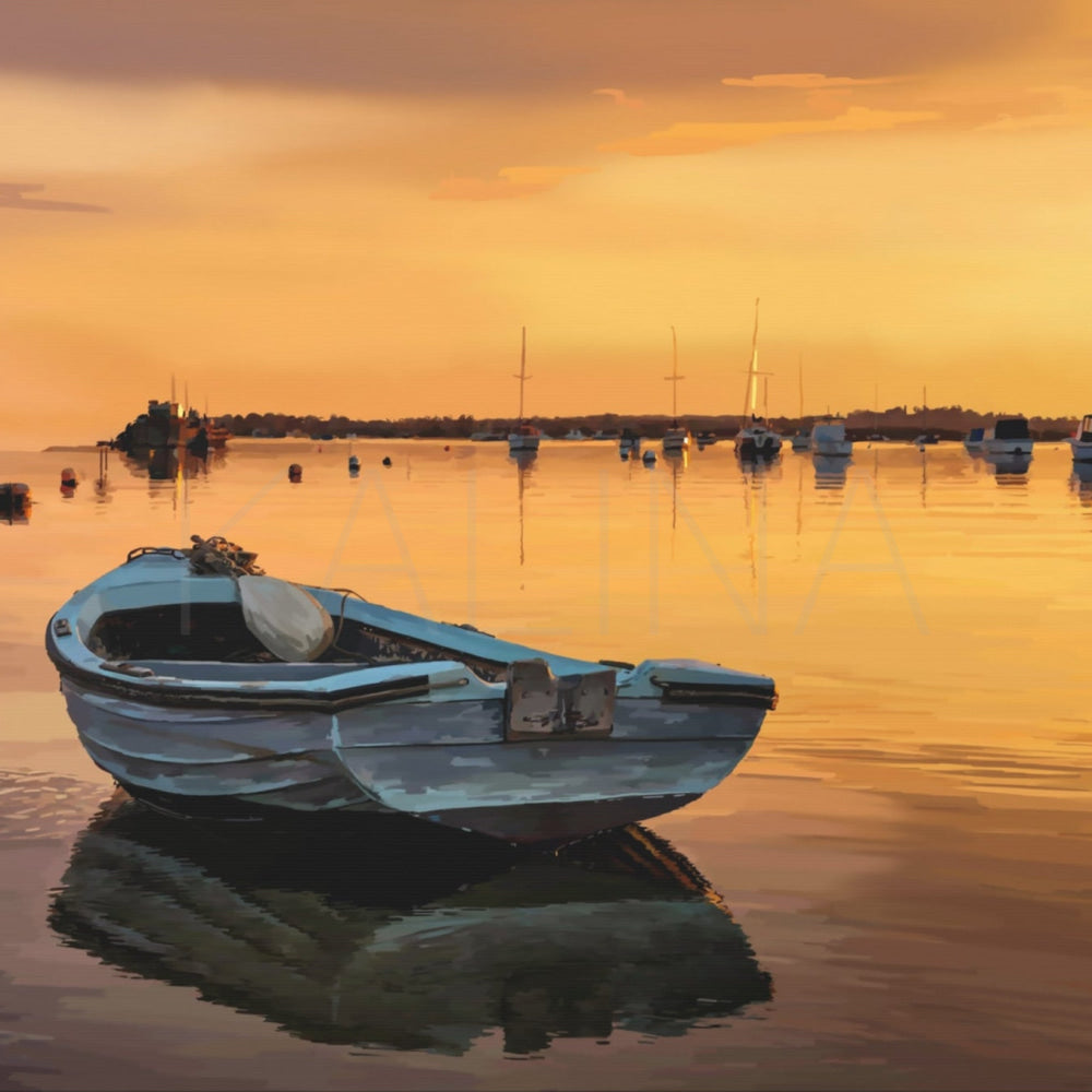 Painting of a boat on water with a sunset sky