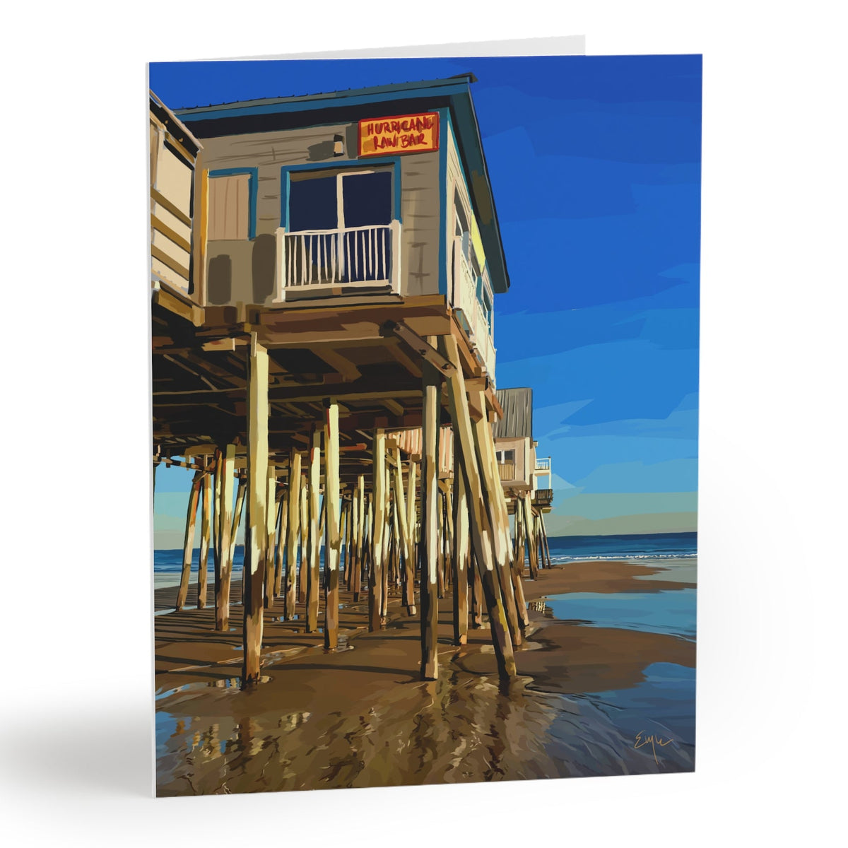 Beach scene with wooden pier and house on a greeting card