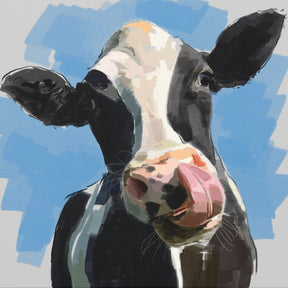 Painting of a cow with a blue abstract background