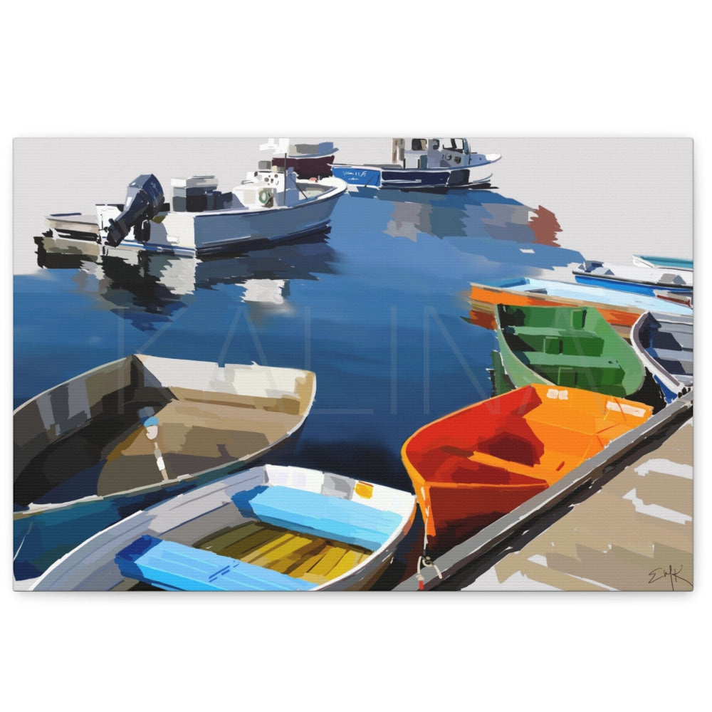 Colorful boats docked in a harbor with a clear blue sky.