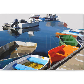 Colorful boats docked in a harbor with a clear blue sky.