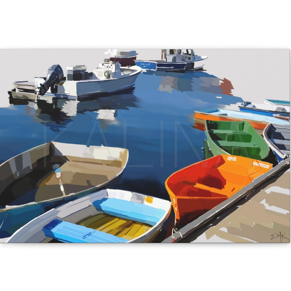 Colorful boats docked in a harbor with a clear blue sky.