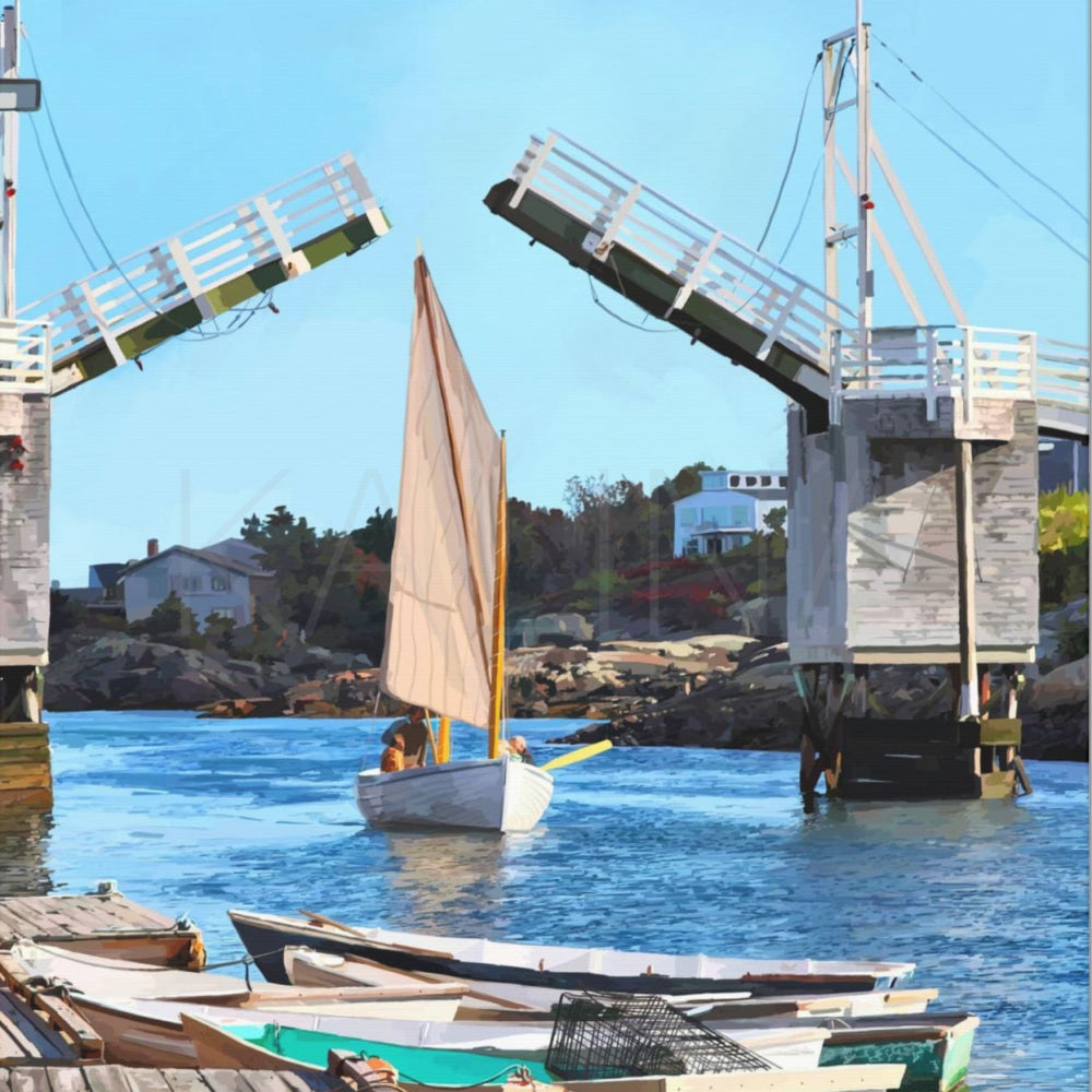 Boats on a dock with a sailboat in the water and a bridge in the background.