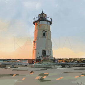 Painting of a lighthouse at sunset with a clear sky.