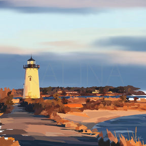 Lighthouse on a coastal landscape with a clear sky