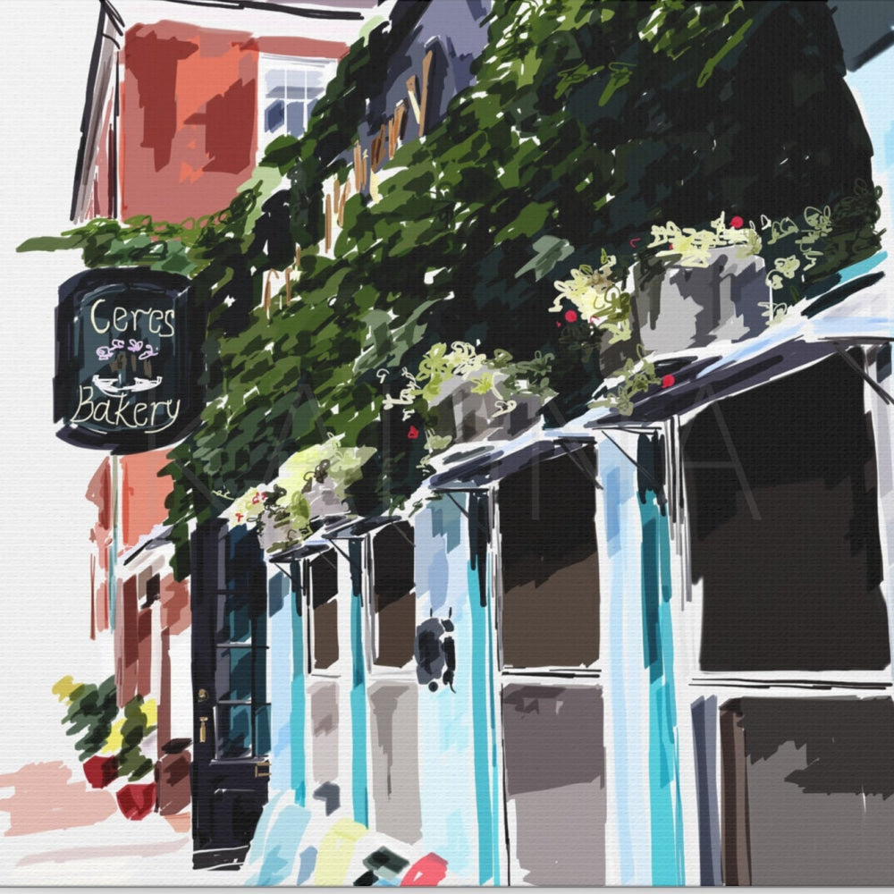 Artistic depiction of a street scene with buildings and greenery