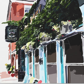 Artistic depiction of a street scene with buildings and greenery