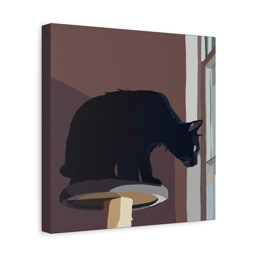 Canvas print of a black cat sitting on a windowsill with a slice of cheese on a white background