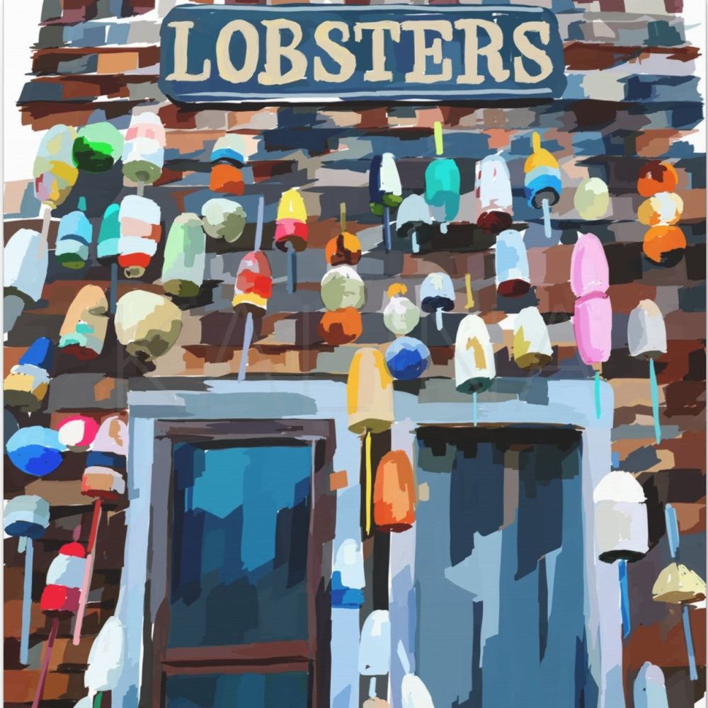 Artistic depiction of a building with colorful buoys and a sign that reads 'LOBSTERS'.