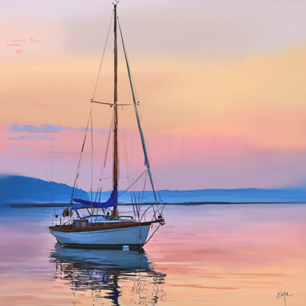 Sailboat on a calm lake with a colorful sunset sky