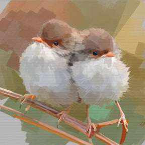 Illustration of two birds perched on a branch with a colorful abstract background