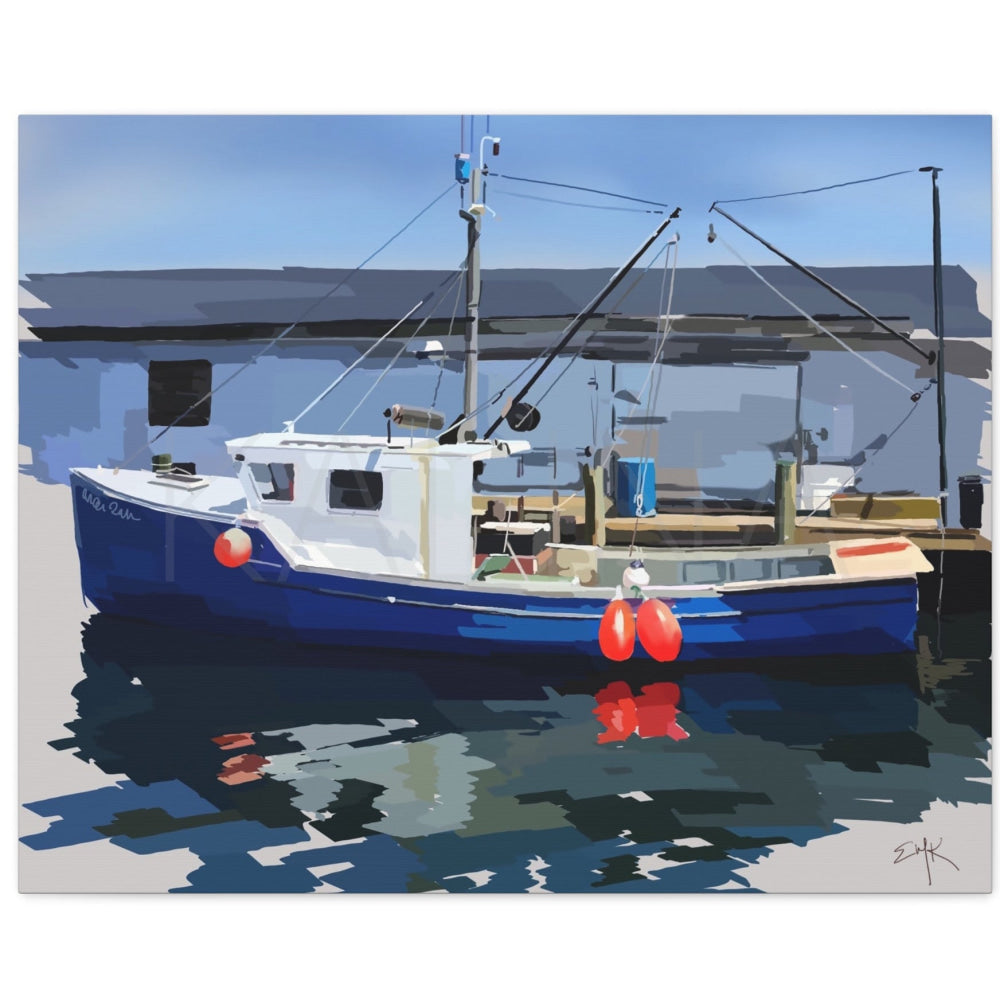 Tied Up — Blue Fishing Boat Canvas Print | Maine Coastal Wall Art