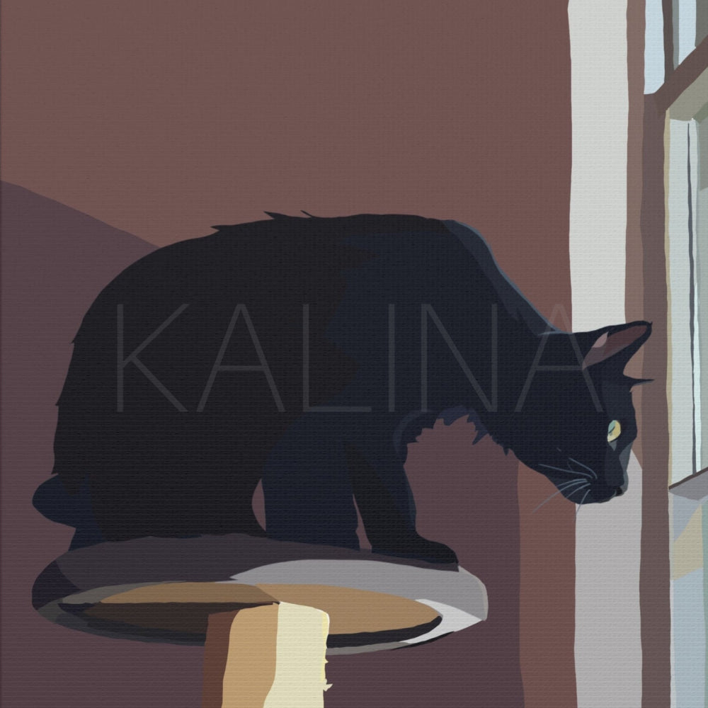 Illustration of a black cat on a windowsill with a brown wall and light blue window.
