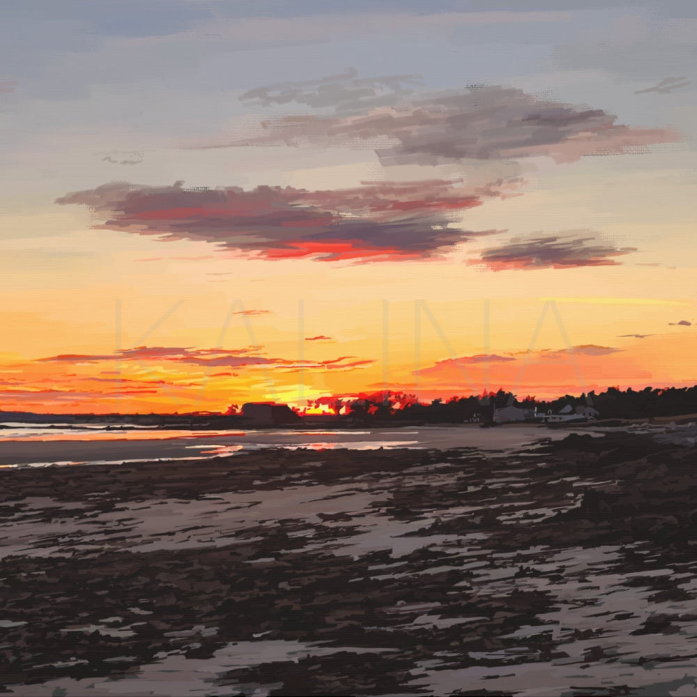 Sunset over a coastal landscape with a clear sky.