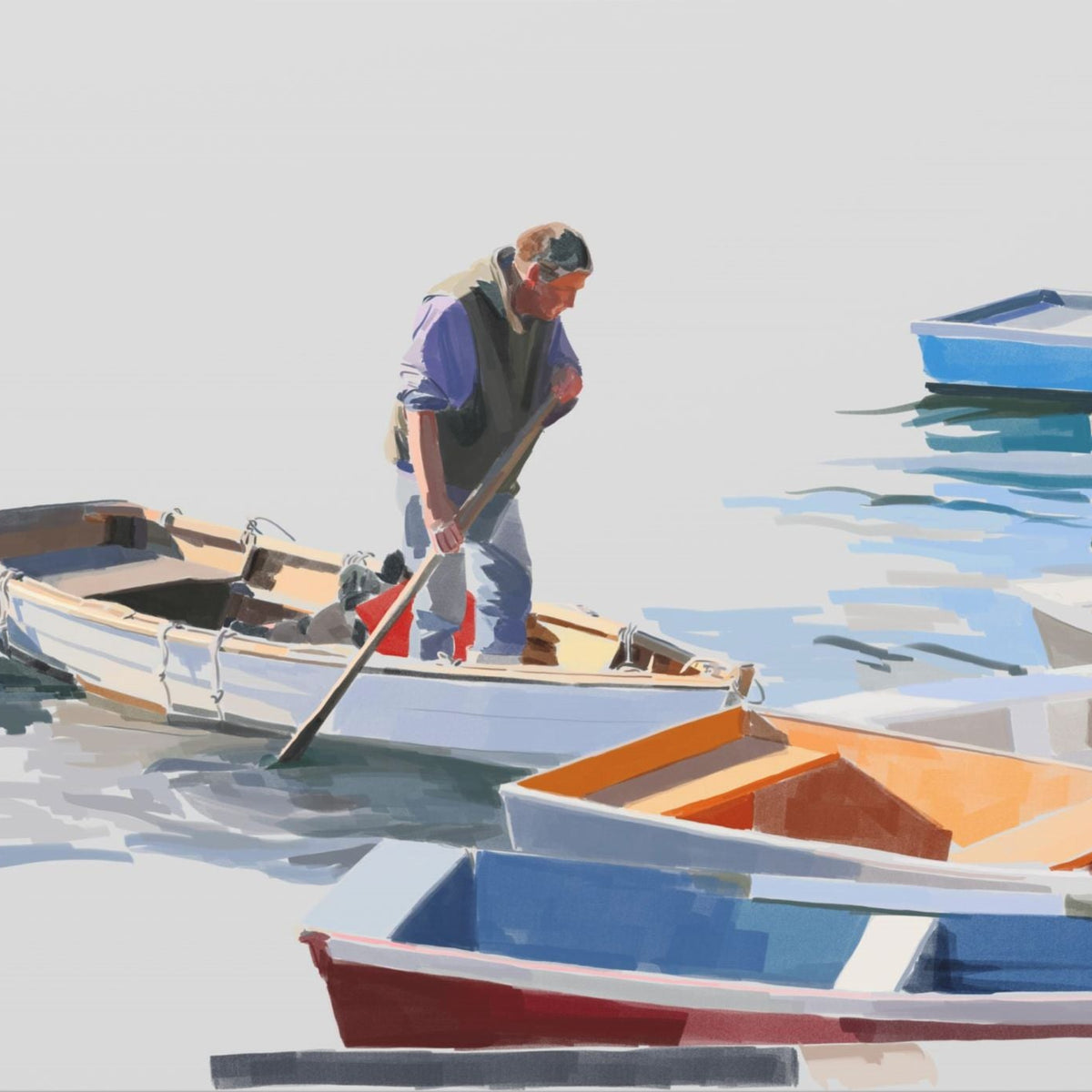 Painting of a man with a boat in a harbor
