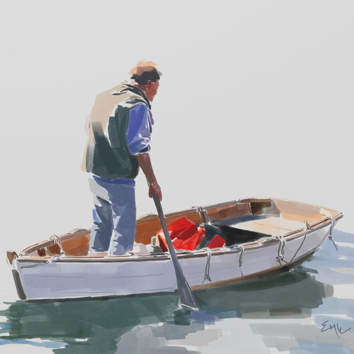 fisherman in harbor matte canvas print by Emily Kalina.