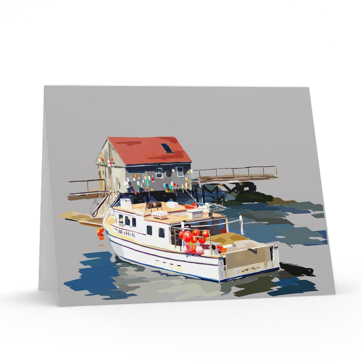 greeting card with an abstract lobster shack and harbor with a lobster boat in Maine