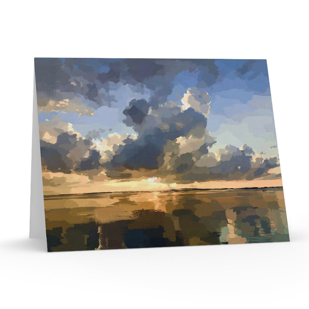 Greeting card with a painting of a sunset over water