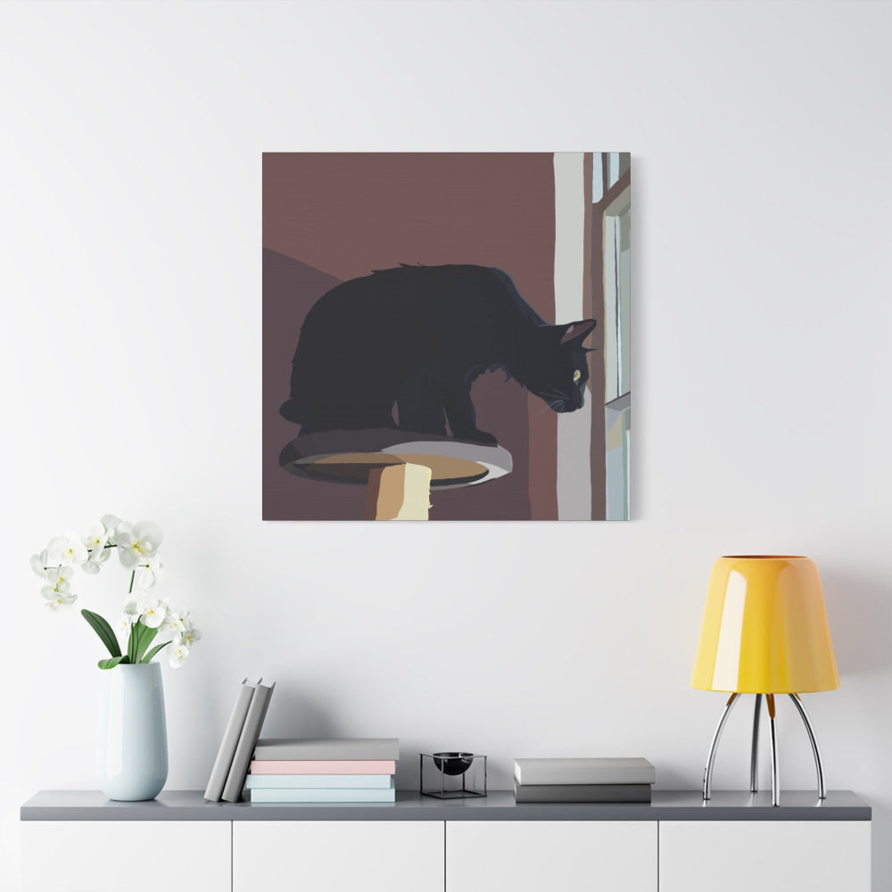 Canvas print of a black cat silhouette on a brown background, hanging above a white cabinet with decorative items.