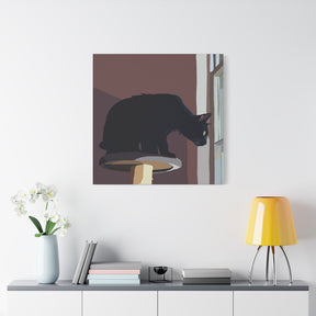 Canvas print of a black cat silhouette on a brown background, hanging above a white cabinet with decorative items.