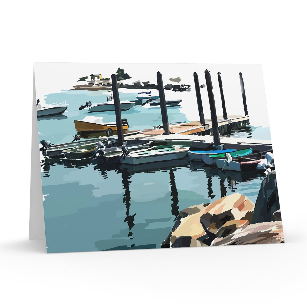 Marina scene with boats docked at piers on a clear day