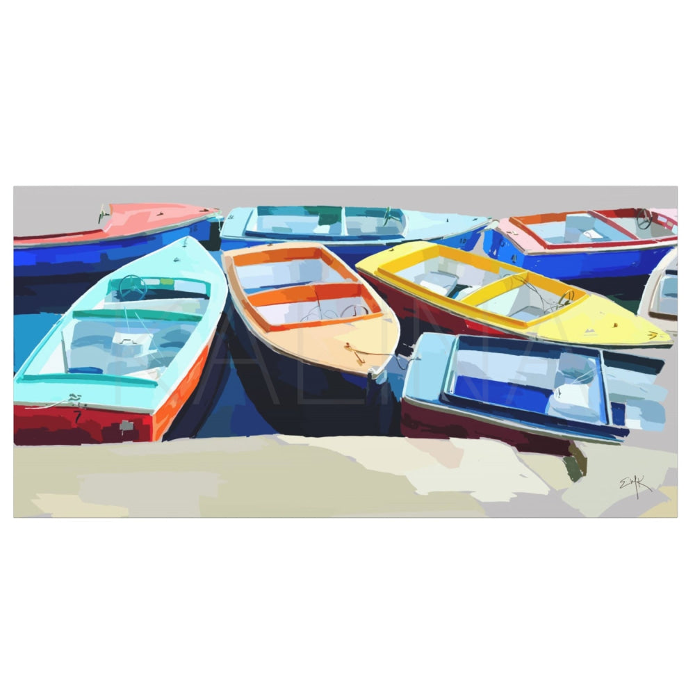 Colorful rowboats docked together on a white background