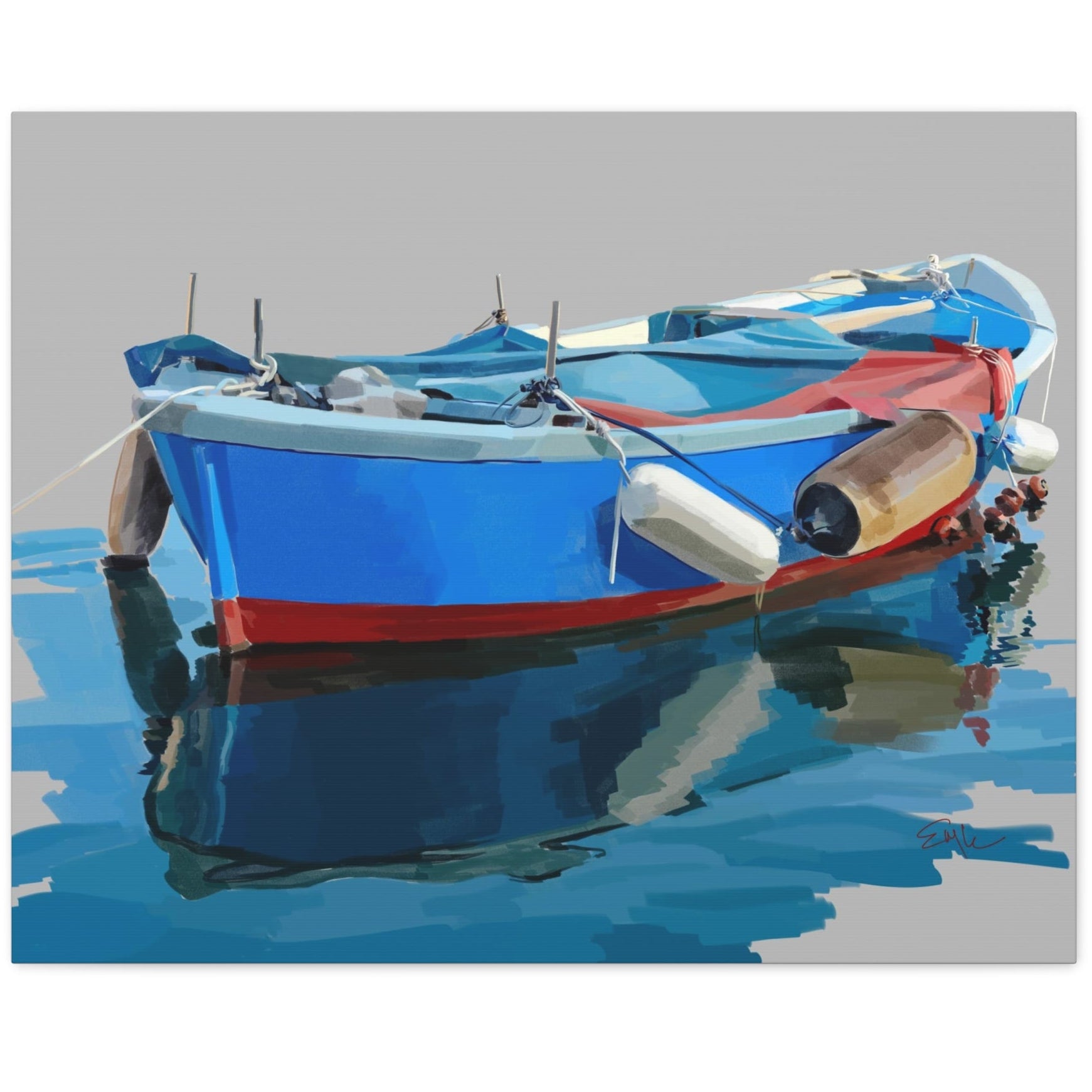 Blue and red boat with oars on a gray background