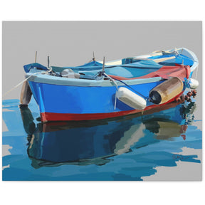 Blue and red boat with oars on a gray background