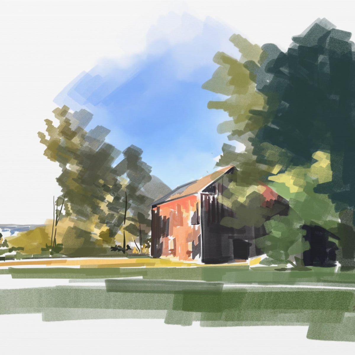 Painting of a barn surrounded by trees and grass on a white background