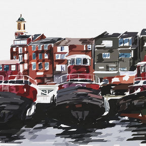 Art print of a harbor scene with boats and buildings.