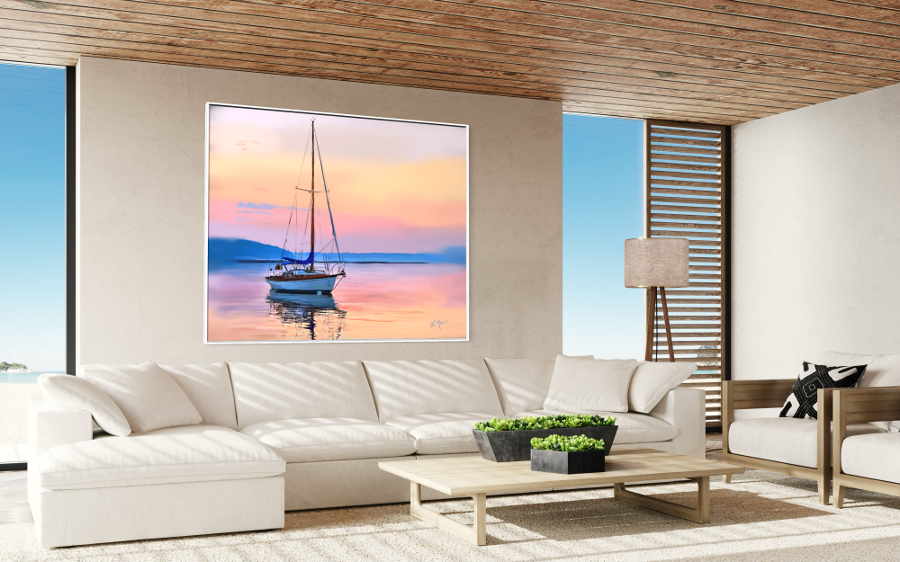 Bar Harbor in Pink - Sailboat at Sunset Matte Stretched Canvas