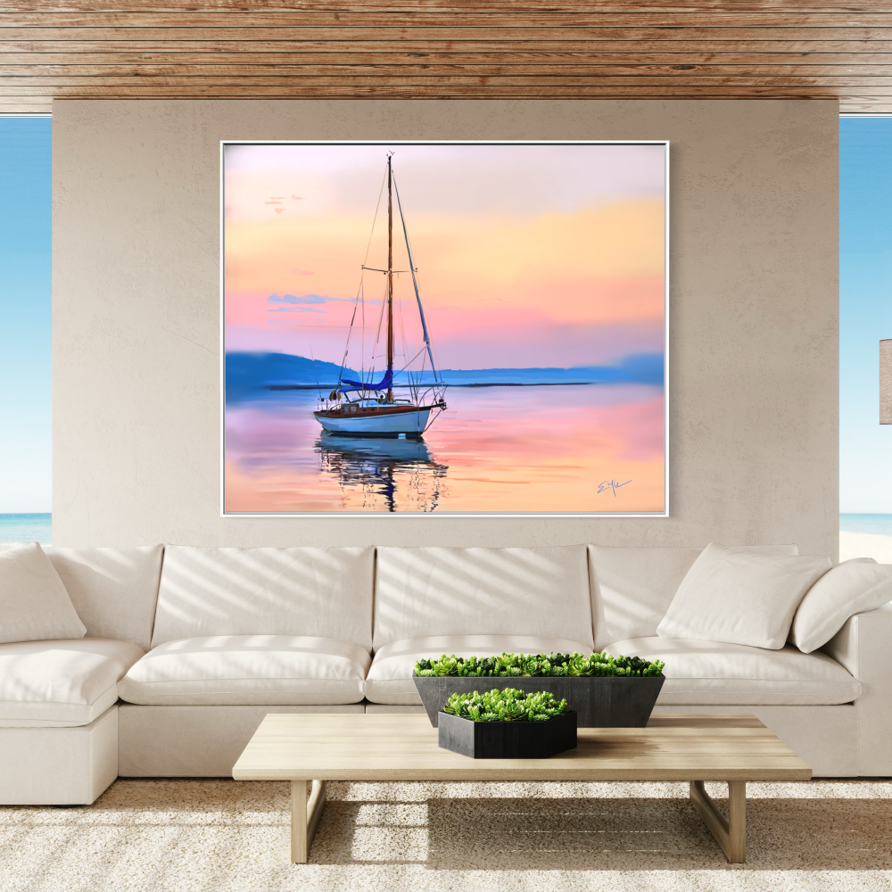 Sailing boat painting on a wall in a modern living room with large windows.