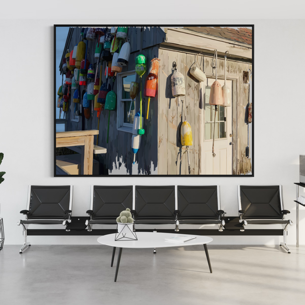 Modern office waiting area with a large wall art piece depicting colorful buoys.