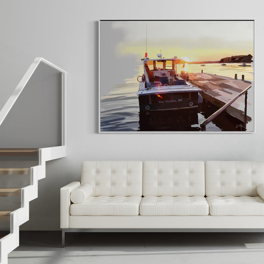 Bar Harbor Sunset Canvas Print — Docked Boat at Golden Hour | Maine Wall Art