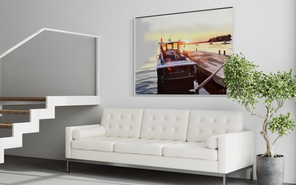 Bar Harbor Sunset Canvas Print — Docked Boat at Golden Hour | Maine Wall Art