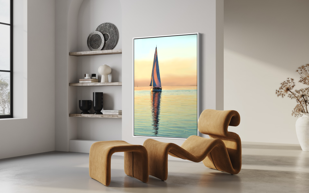 Lone Sail — Sailboat at Sunset Canvas Print | Coastal Seascape Wall Art