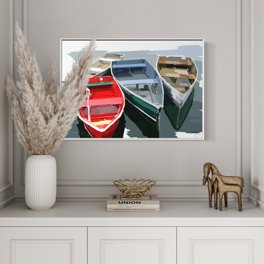 The Red One — Four Boats Canvas Print | Coastal Expressionist Wall Art