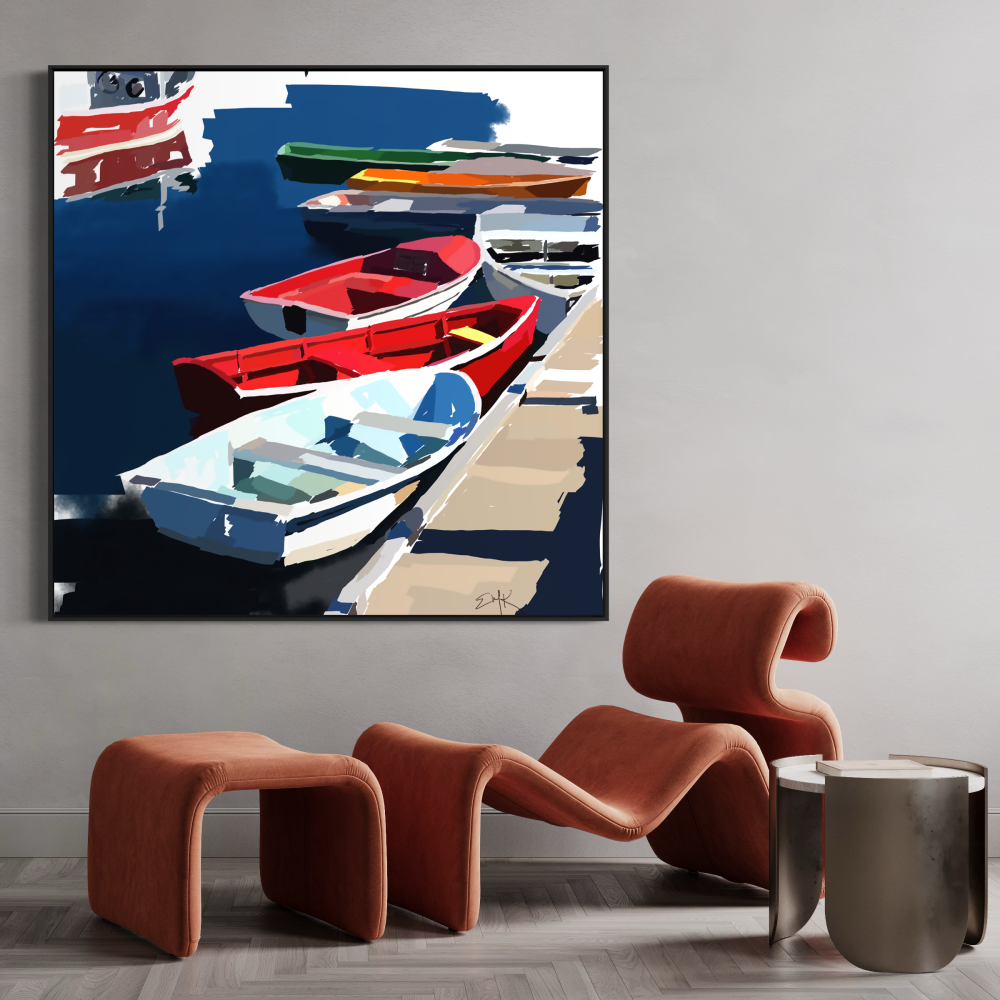 Modern interior with a painting of boats on the wall, orange chair, and potted plant.
