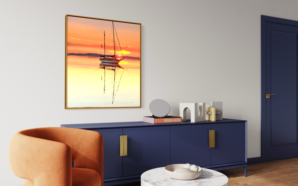 Final Glow — Sailboat at Orange Sunset Canvas Print | Coastal Wall Art