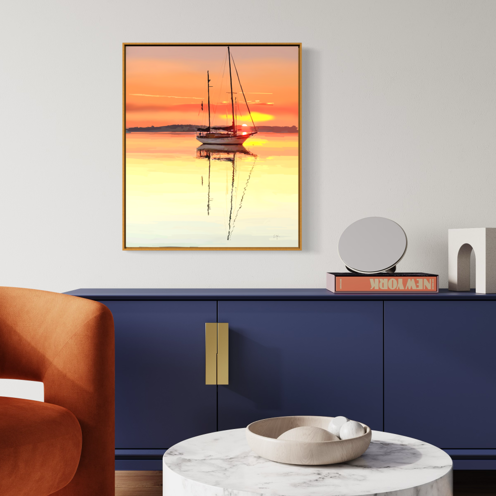 Modern interior with a blue cabinet, orange chair, and sunset artwork.